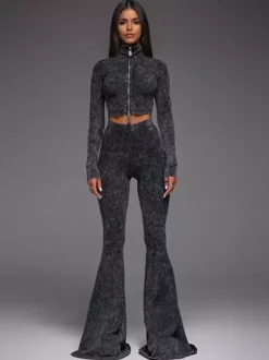 Two Piece Co-ord Set For Hot Girls High Neck Zip-Up Crop Top And Flare Pants Spring Outfit 2026