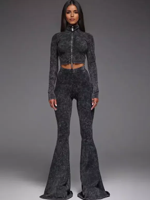 Two Piece Co-ord Set For Hot Girls High Neck Zip-Up Crop Top And Flare Pants Spring Outfit 2026