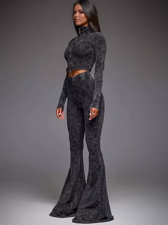 Two Piece Co-ord Set For Hot Girls High Neck Zip-Up Crop Top And Flare Pants Spring Outfit 2026