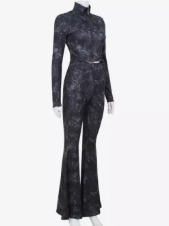 Two Piece Co-ord Set For Hot Girls High Neck Zip-Up Crop Top And Flare Pants Spring Outfit 2026