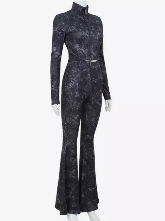 Two Piece Co-ord Set For Hot Girls High Neck Zip-Up Crop Top And Flare Pants Spring Outfit 2026