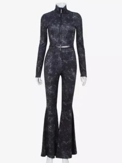 Two Piece Co-ord Set For Hot Girls High Neck Zip-Up Crop Top And Flare Pants Spring Outfit 2026