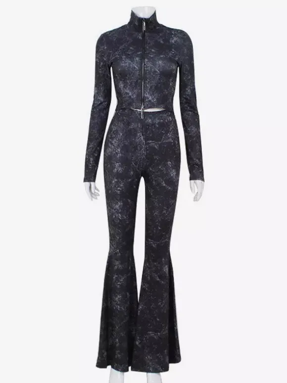 Two Piece Co-ord Set For Hot Girls High Neck Zip-Up Crop Top And Flare Pants Spring Outfit 2026