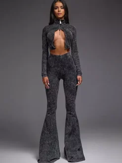 Two Piece Co-ord Set For Hot Girls High Neck Zip-Up Crop Top And Flare Pants Spring Outfit 2026