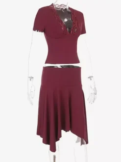 Two Piece Outfit Deep V Lace Neck Slim Crop Top Hanky Hem Mermaid Skirt Sets