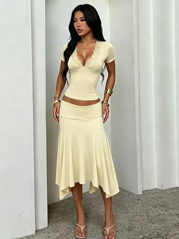 Two Piece Outfit Deep V Lace Neck Slim Crop Top Hanky Hem Mermaid Skirt Sets
