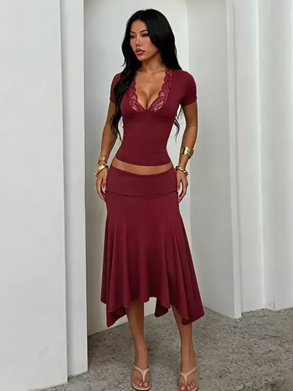 Two Piece Outfit Deep V Lace Neck Slim Crop Top Hanky Hem Mermaid Skirt Sets