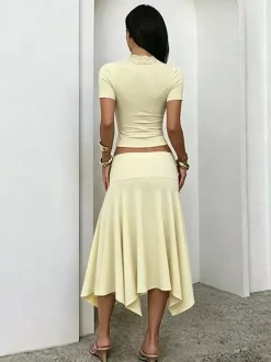 Two Piece Outfit Deep V Lace Neck Slim Crop Top Hanky Hem Mermaid Skirt Sets