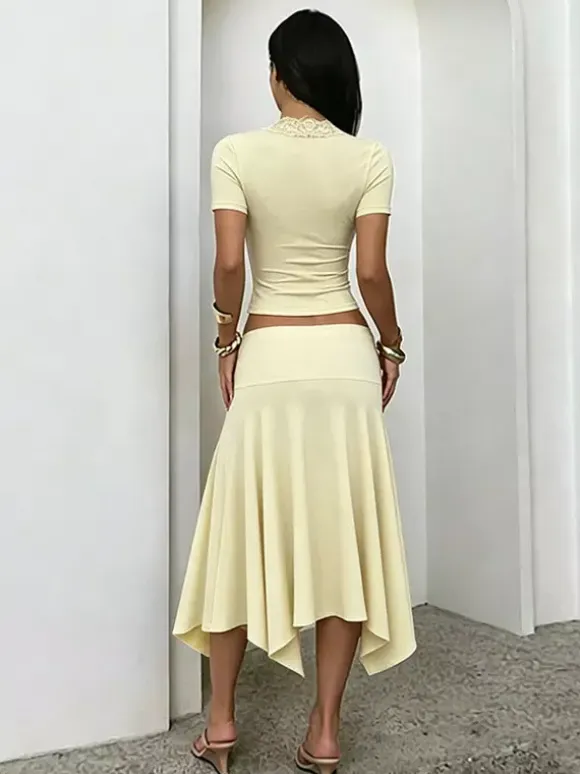 Two Piece Outfit Deep V Lace Neck Slim Crop Top Hanky Hem Mermaid Skirt Sets