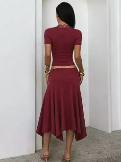 Two Piece Outfit Deep V Lace Neck Slim Crop Top Hanky Hem Mermaid Skirt Sets
