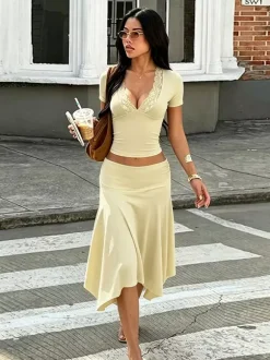 Two Piece Outfit Deep V Lace Neck Slim Crop Top Hanky Hem Mermaid Skirt Sets
