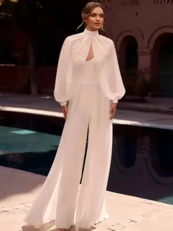 Two-Pieces Bridal Jumpsuit Chiffon Pleated Floor-Length Jumpsuit Sleeveless wih Removable Shawl