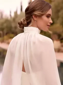 Two-Pieces Bridal Jumpsuit Chiffon Pleated Floor-Length Jumpsuit Sleeveless wih Removable Shawl