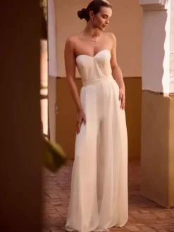 Two-Pieces Bridal Jumpsuit Chiffon Pleated Floor-Length Jumpsuit Sleeveless wih Removable Shawl