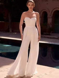 Two-Pieces Bridal Jumpsuit Chiffon Pleated Floor-Length Jumpsuit Sleeveless wih Removable Shawl