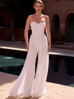 Two-Pieces Bridal Jumpsuit Chiffon Pleated Floor-Length Jumpsuit Sleeveless wih Removable Shawl