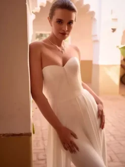 Two-Pieces Bridal Jumpsuit Chiffon Pleated Floor-Length Jumpsuit Sleeveless wih Removable Shawl
