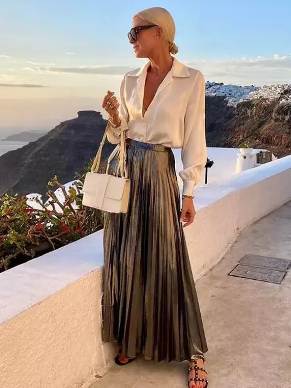 Two Piece Set Lantern Sleeve Blouse And Pleated Maxi Skirt Vacation Outfit For Women 2026