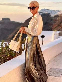 Two Piece Set Lantern Sleeve Blouse And Pleated Maxi Skirt Vacation Outfit For Women 2026