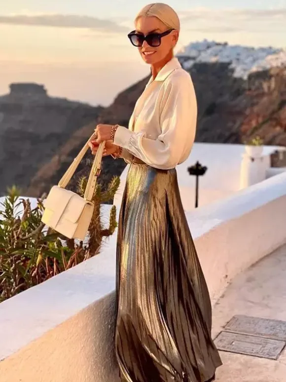 Two Piece Set Lantern Sleeve Blouse And Pleated Maxi Skirt Vacation Outfit For Women 2026