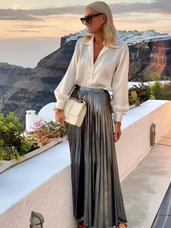 Two Piece Set Lantern Sleeve Blouse And Pleated Maxi Skirt Vacation Outfit For Women 2026