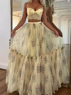 Two Piece Sets Apricot Casual Daily Casual Straps Neck Belted Half Sleeves Skirt Set