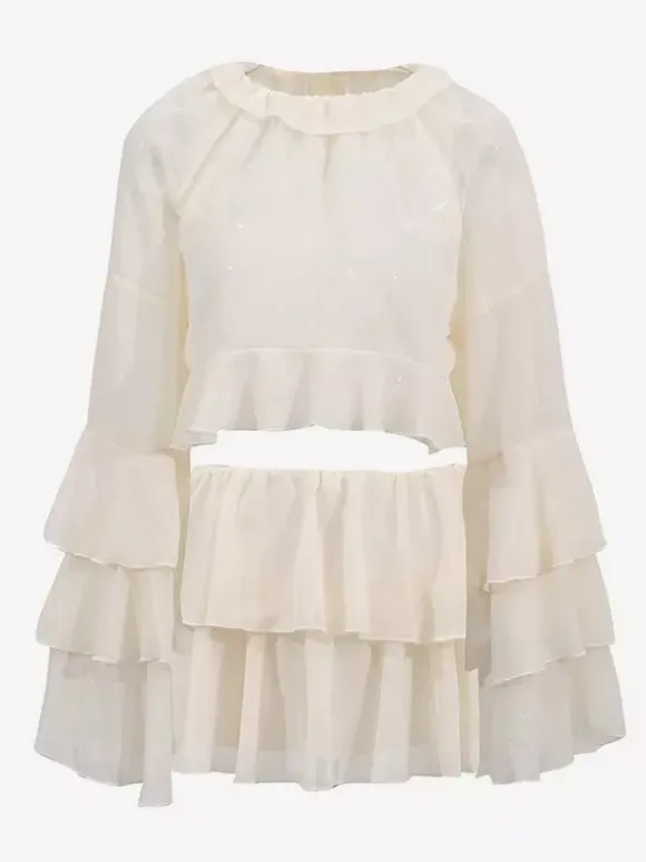 Two Piece Sets Apricot Casual Party Jewel Neck Long Sleeves Top Skirt Set