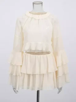 Two Piece Sets Apricot Casual Party Jewel Neck Long Sleeves Top Skirt Set