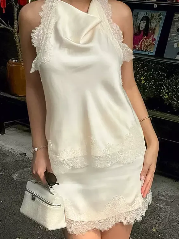 Two Piece Sets Apricot Chic Lace Daily Casual Sleeveless Skirt Set