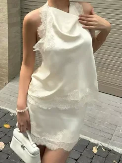 Two Piece Sets Apricot Chic Lace Daily Casual Sleeveless Skirt Set