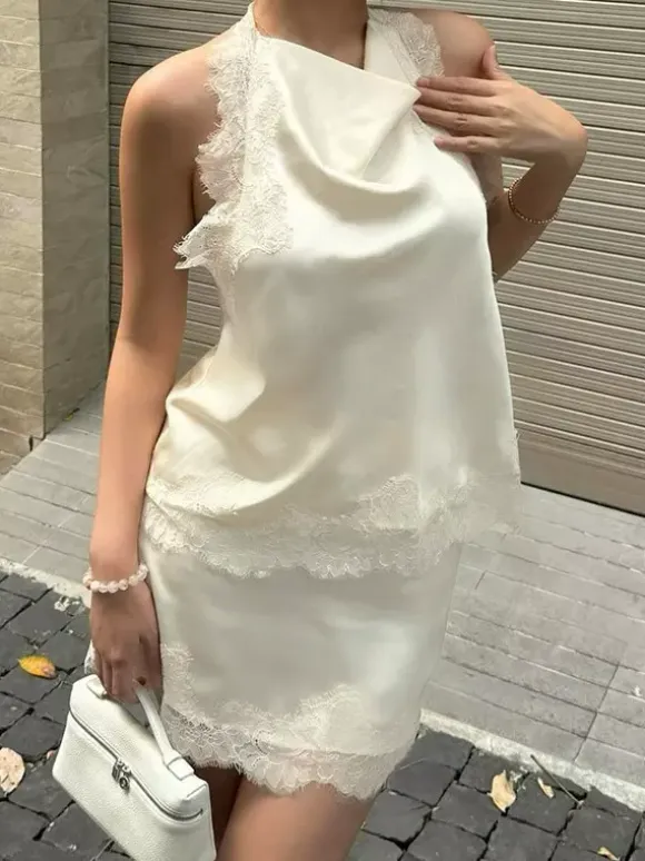 Two Piece Sets Apricot Chic Lace Daily Casual Sleeveless Skirt Set