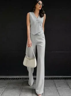 Two Piece Sets Apricot Daily Casual V-Neck Sleeveless Top Pant Set