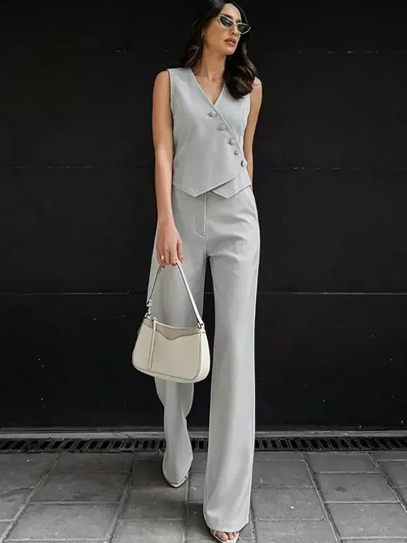 Two Piece Sets Apricot Daily Casual V-Neck Sleeveless Top Pant Set