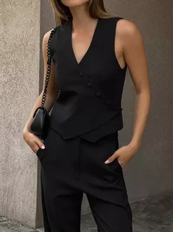 Two Piece Sets Apricot Daily Casual V-Neck Sleeveless Top Pant Set