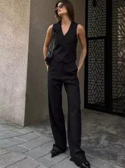 Two Piece Sets Apricot Daily Casual V-Neck Sleeveless Top Pant Set