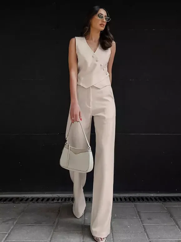 Two Piece Sets Apricot Daily Casual V-Neck Sleeveless Top Pant Set