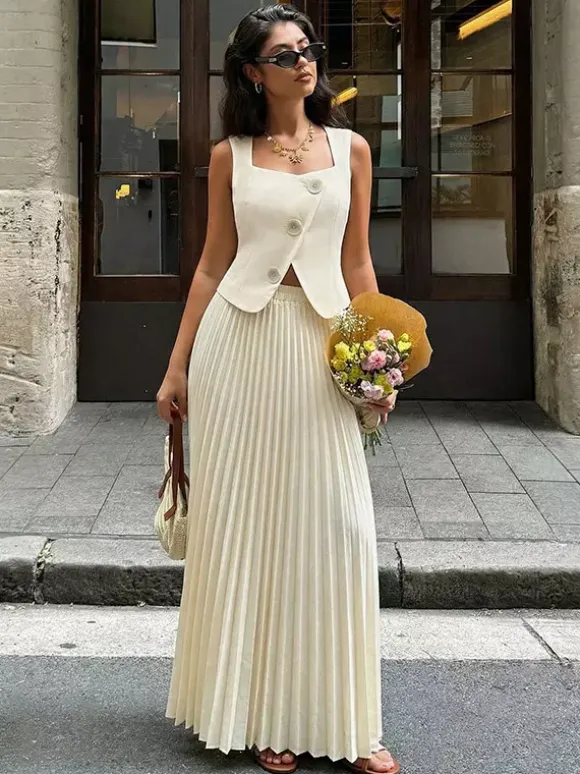 Two Piece Sets Apricot Dating Chic Jewel Neck Sleeveless Skirt Set