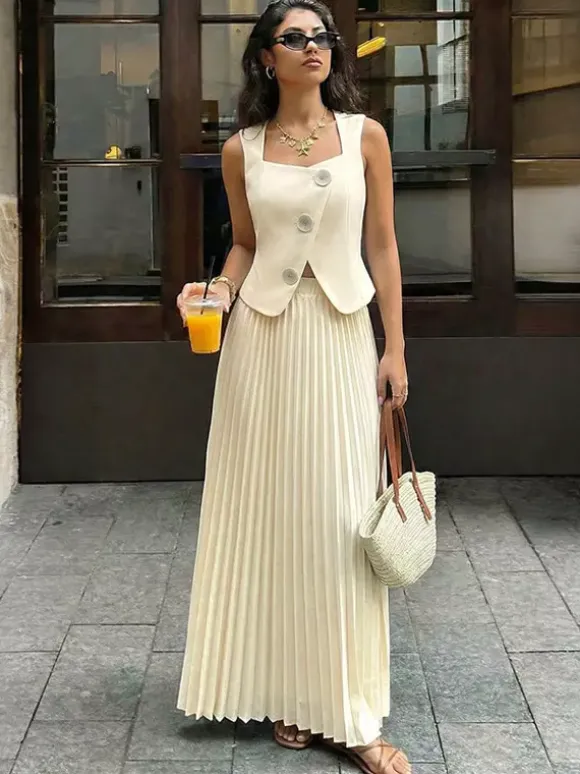 Two Piece Sets Apricot Dating Chic Jewel Neck Sleeveless Skirt Set