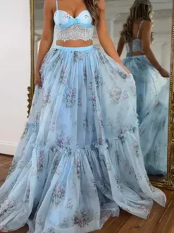 Two Piece Sets Apricot Printed Party Lace Chic Straps Neck Sleeveless Skirt Set