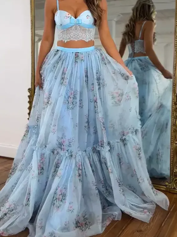 Two Piece Sets Apricot Printed Party Lace Chic Straps Neck Sleeveless Skirt Set