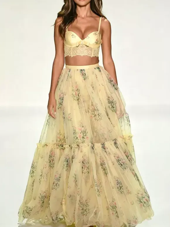 Two Piece Sets Apricot Printed Party Lace Chic Straps Neck Sleeveless Skirt Set
