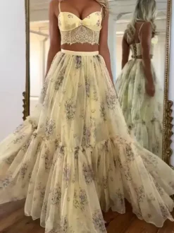 Two Piece Sets Apricot Printed Party Lace Chic Straps Neck Sleeveless Skirt Set