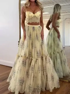 Two Piece Sets Apricot Printed Party Lace Chic Straps Neck Sleeveless Skirt Set