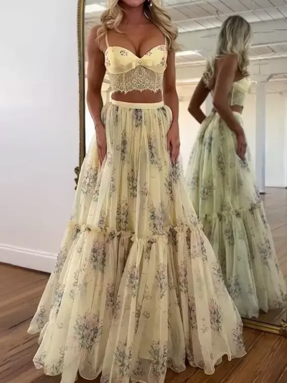 Two Piece Sets Apricot Printed Party Lace Chic Straps Neck Sleeveless Skirt Set