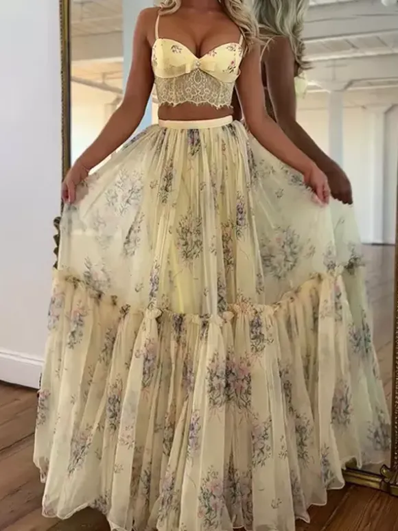 Two Piece Sets Apricot Printed Party Lace Chic Straps Neck Sleeveless Skirt Set
