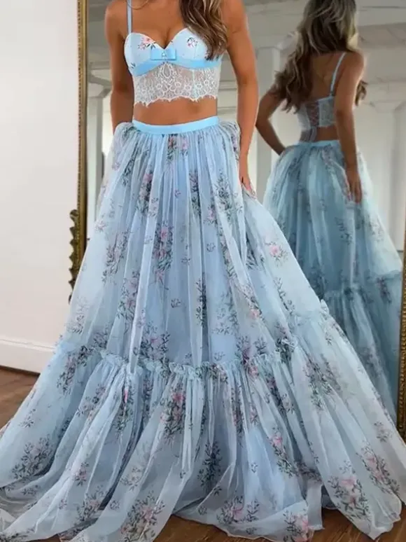 Two Piece Sets Apricot Printed Party Lace Chic Straps Neck Sleeveless Skirt Set