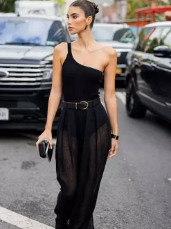 Two Piece Sets Backless Black Chic Street Wear Sash Polyester Long Sleeves Outfits