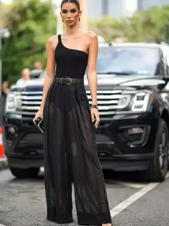 Two Piece Sets Backless Black Chic Street Wear Sash Polyester Long Sleeves Outfits