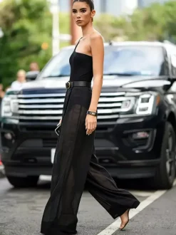 Two Piece Sets Backless Black Chic Street Wear Sash Polyester Long Sleeves Outfits