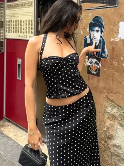 Two Piece Sets Black Chic Polka Dot Office Career Halter Sleeveless Summer ToP Skirt Sets